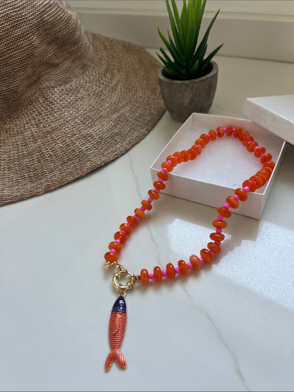 Orange Beaded Fish Pendant Necklace - Women Jewelry